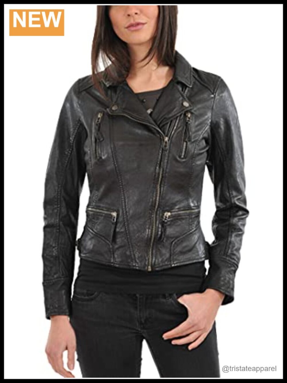 Women's Vintage Motorcycle Jacket Real Lambskin Nappa Leather Asymmetric Zip